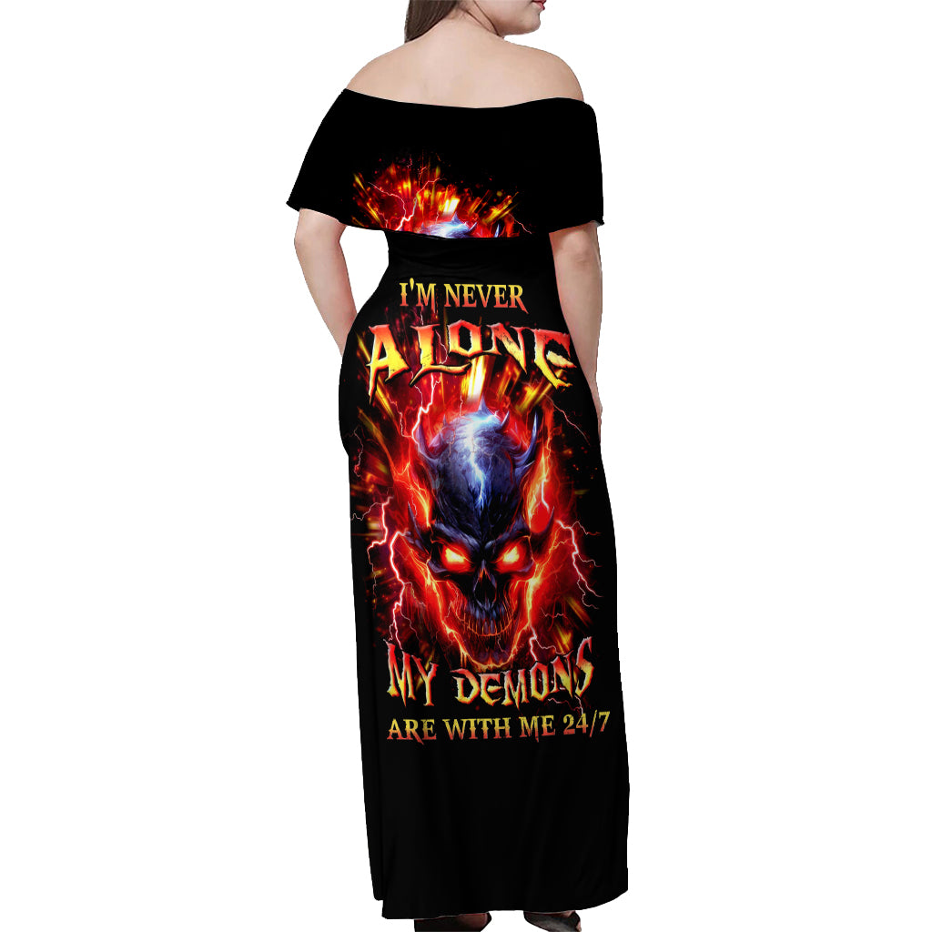 Flame Skull Off Shoulder Maxi Dress I'm Never Alone My Demons Are With Me 24/7 - Wonder Print Shop