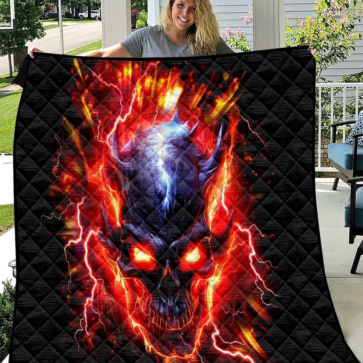 Flame Skull Quilt I'm Never Alone My Demons Are With Me 24/7 - Wonder Print Shop