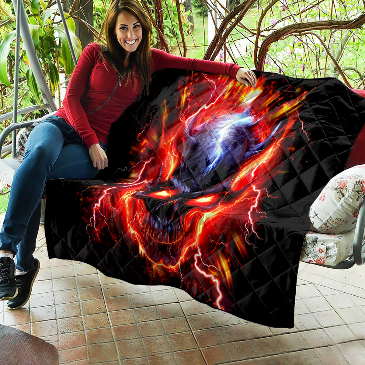 Flame Skull Quilt I'm Never Alone My Demons Are With Me 24/7 - Wonder Print Shop