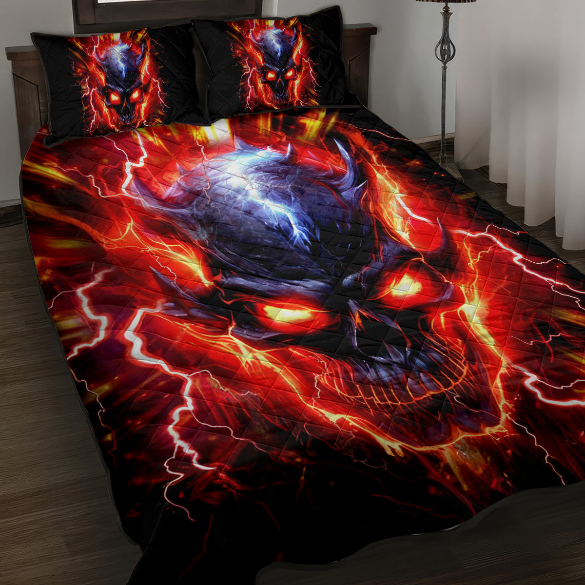 Flame Skull Quilt Bed Set I'm Never Alone My Demons Are With Me 24/7 - Wonder Print Shop