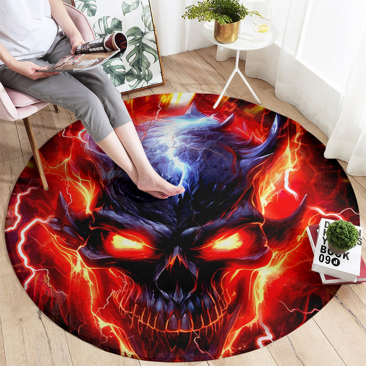Flame Skull Round Carpet I'm Never Alone My Demons Are With Me 24/7