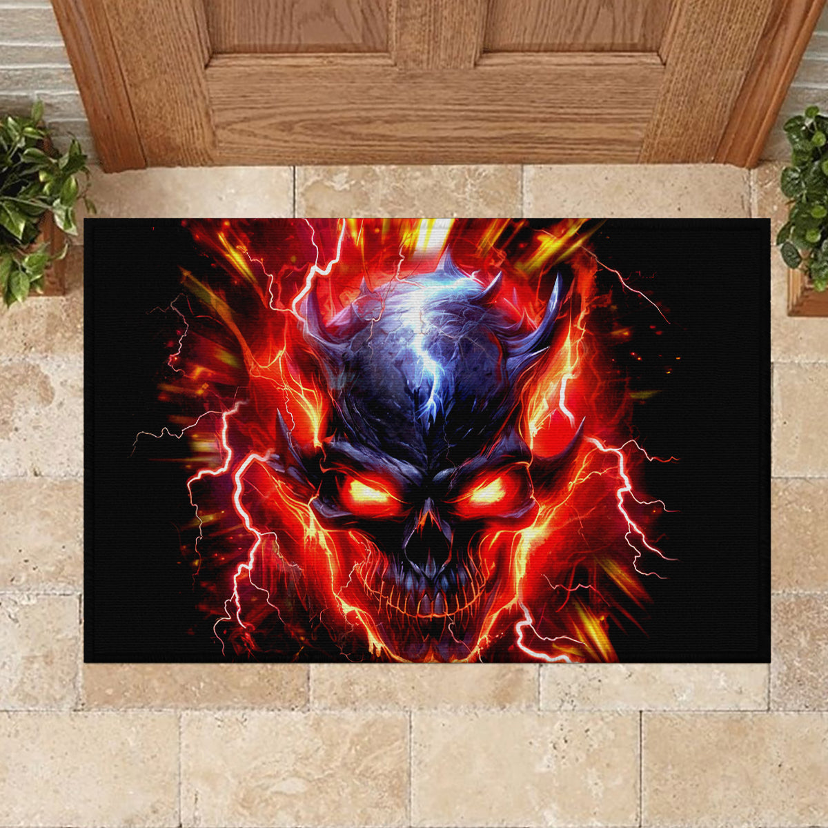 Flame Skull Rubber Doormat I'm Never Alone My Demons Are With Me 24/7 - Wonder Print Shop