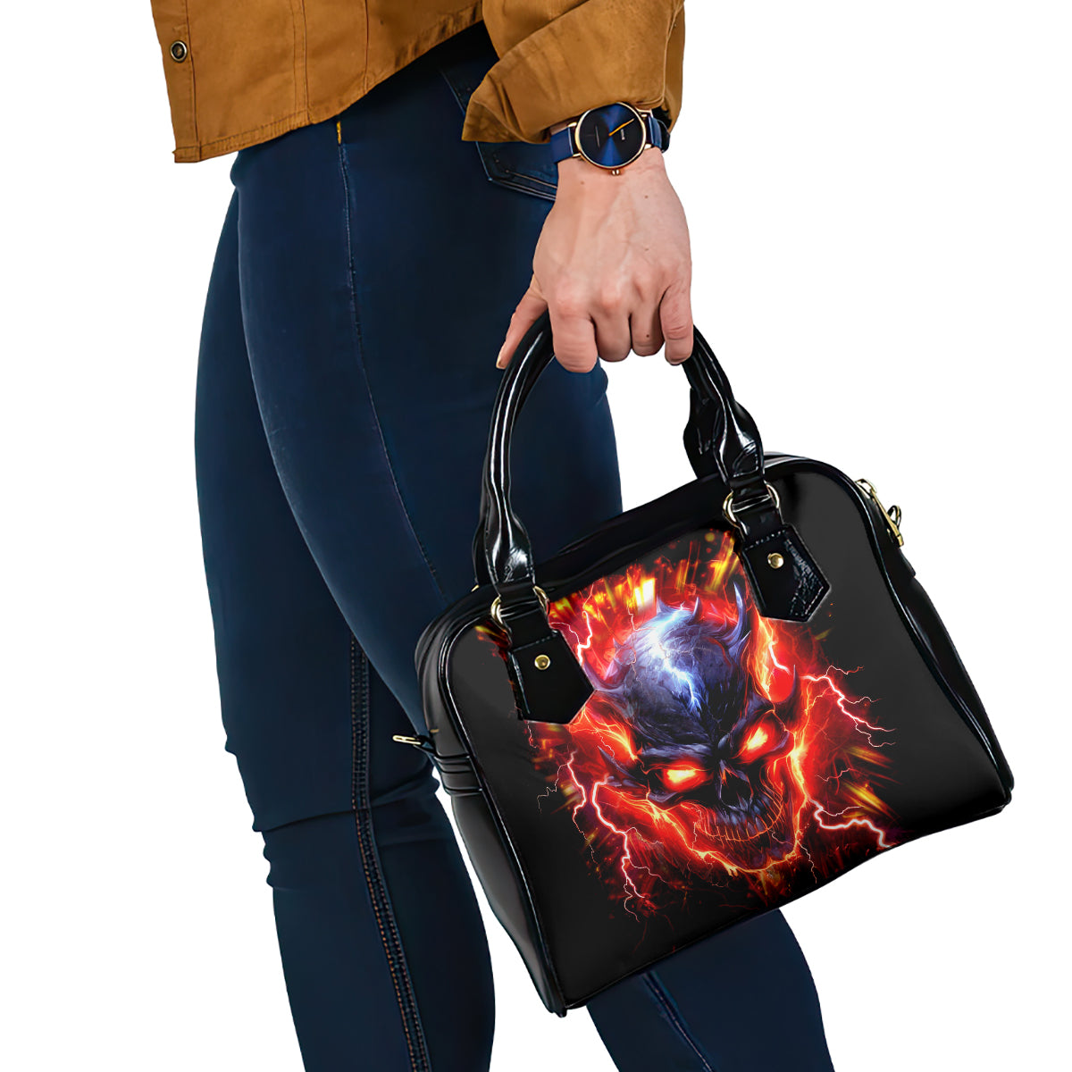 Flame Skull Shoulder Handbag I'm Never Alone My Demons Are With Me 24/7