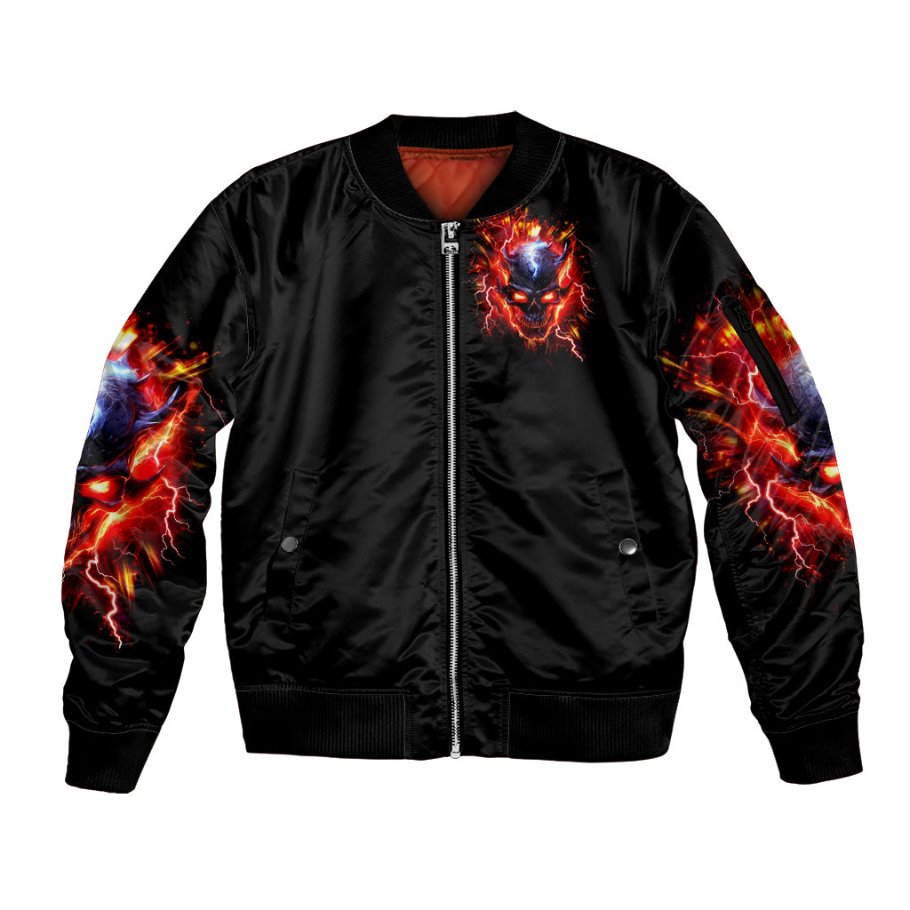 Flame Skull Sleeve Zip Bomber Jacket I'm Never Alone My Demons Are With Me 24/7 - Wonder Print Shop