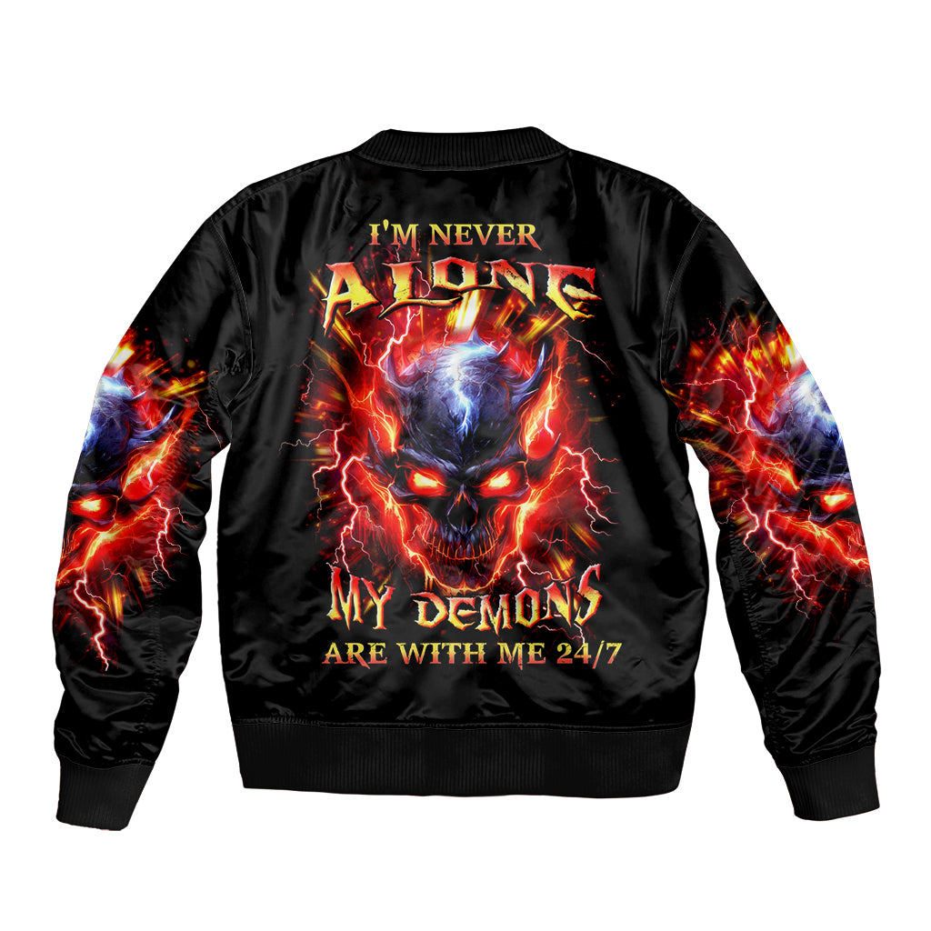 Flame Skull Sleeve Zip Bomber Jacket I'm Never Alone My Demons Are With Me 24/7 - Wonder Print Shop