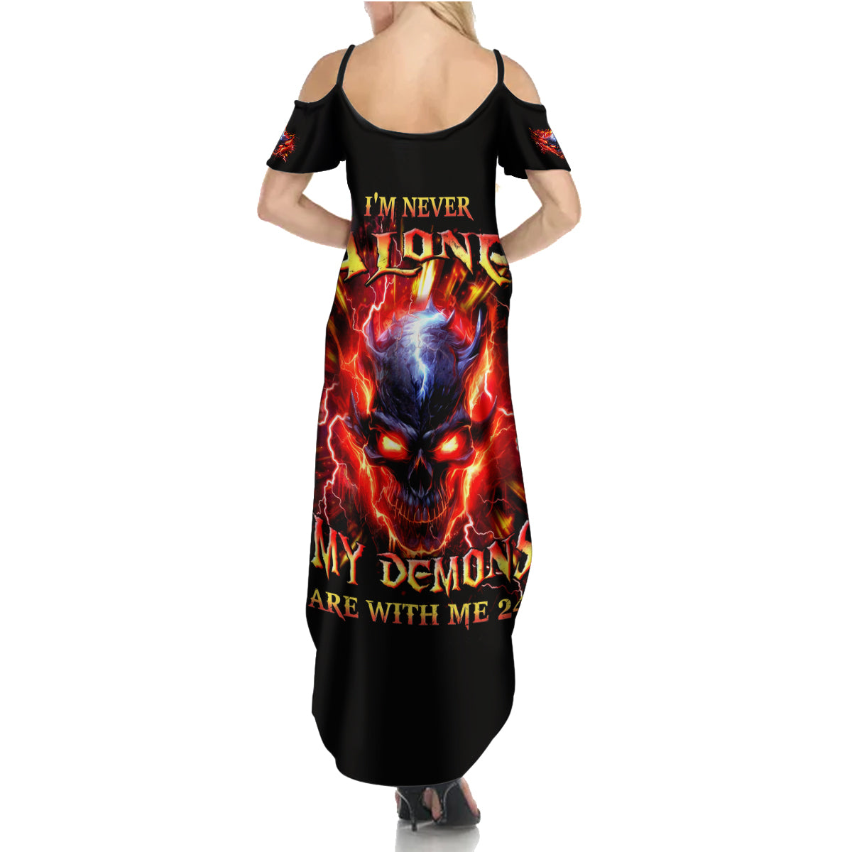 Flame Skull Summer Maxi Dress I'm Never Alone My Demons Are With Me 24/7 - Wonder Print Shop