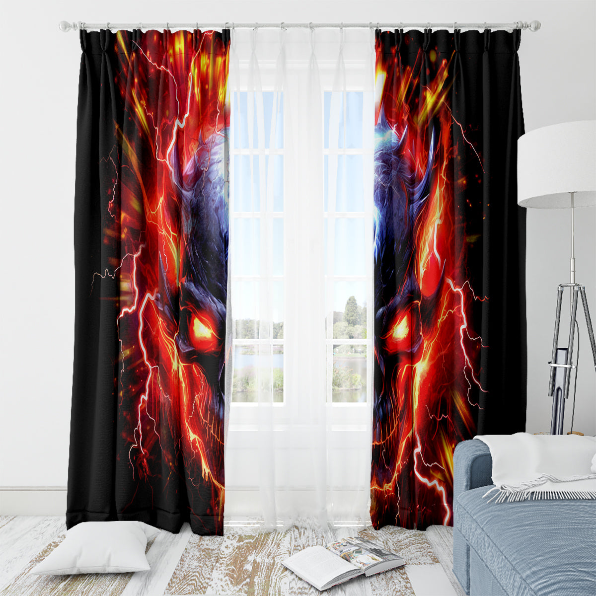 Flame Skull Window Curtain I'm Never Alone My Demons Are With Me 24/7 - Wonder Print Shop