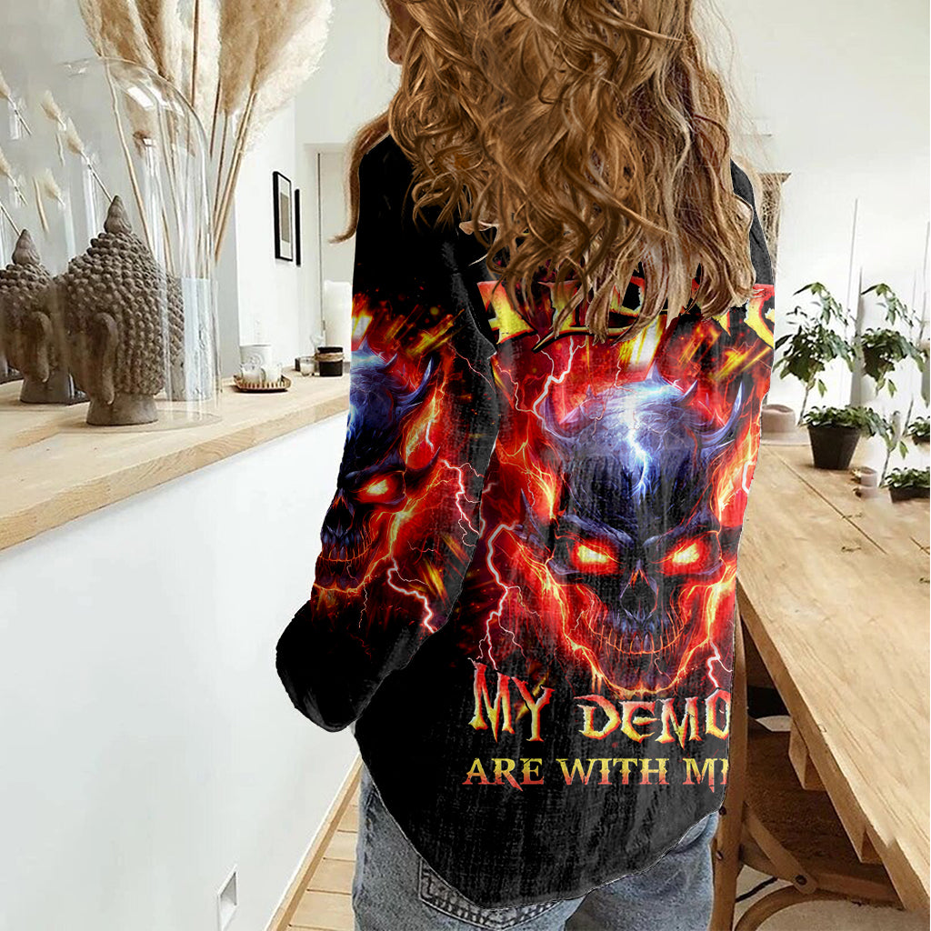 Flame Skull Women Casual Shirt I'm Never Alone My Demons Are With Me 24/7 - Wonder Print Shop