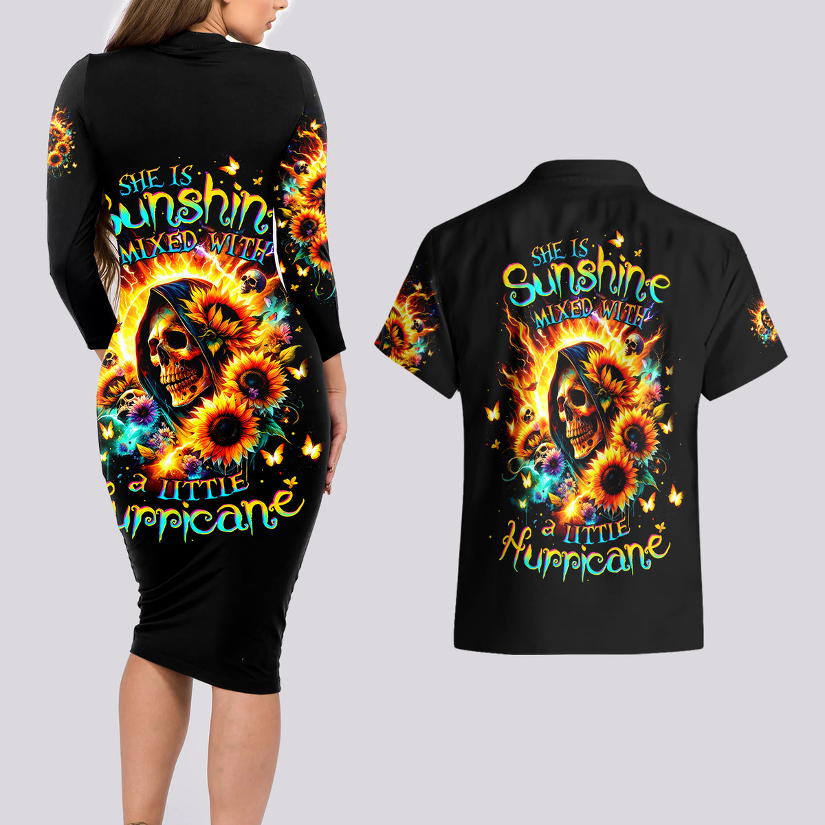 Sunflower Skull Couples Matching Long Sleeve Bodycon Dress and Hawaiian Shirt She Is Sunshine Mixed With A Little Hurricane - Wonder Print Shop