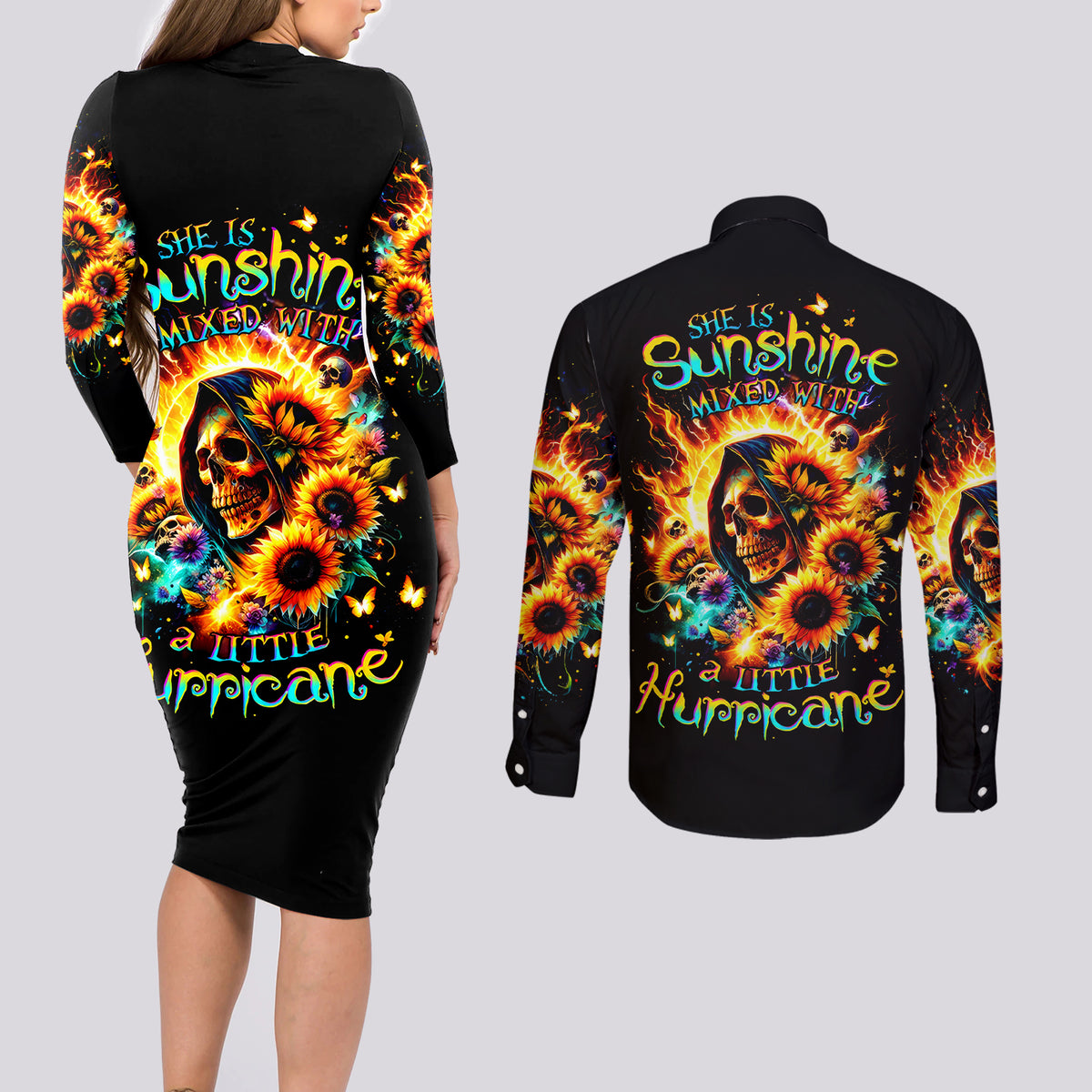 Sunflower Skull Couples Matching Long Sleeve Bodycon Dress and Long Sleeve Button Shirt She Is Sunshine Mixed With A Little Hurricane - Wonder Print Shop