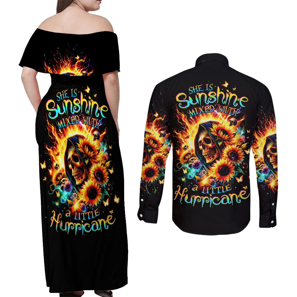 Sunflower Skull Couples Matching Off Shoulder Maxi Dress and Long Sleeve Button Shirt She Is Sunshine Mixed With A Little Hurricane - Wonder Print Shop