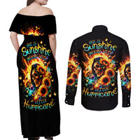 Sunflower Skull Couples Matching Off Shoulder Maxi Dress and Long Sleeve Button Shirt She Is Sunshine Mixed With A Little Hurricane - Wonder Print Shop