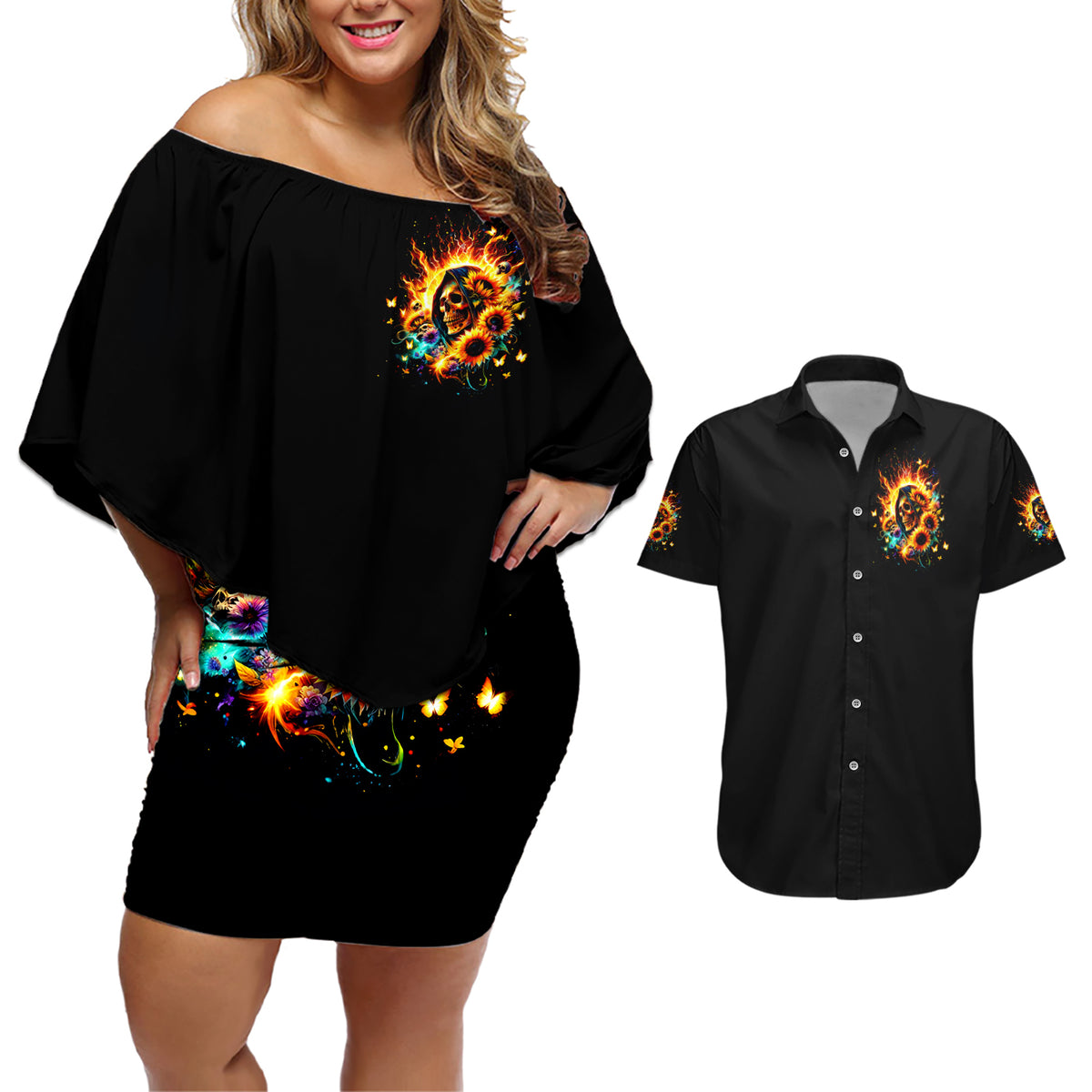 Sunflower Skull Couples Matching Off Shoulder Short Dress and Hawaiian Shirt She Is Sunshine Mixed With A Little Hurricane - Wonder Print Shop