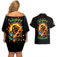 Sunflower Skull Couples Matching Off Shoulder Short Dress and Hawaiian Shirt She Is Sunshine Mixed With A Little Hurricane - Wonder Print Shop