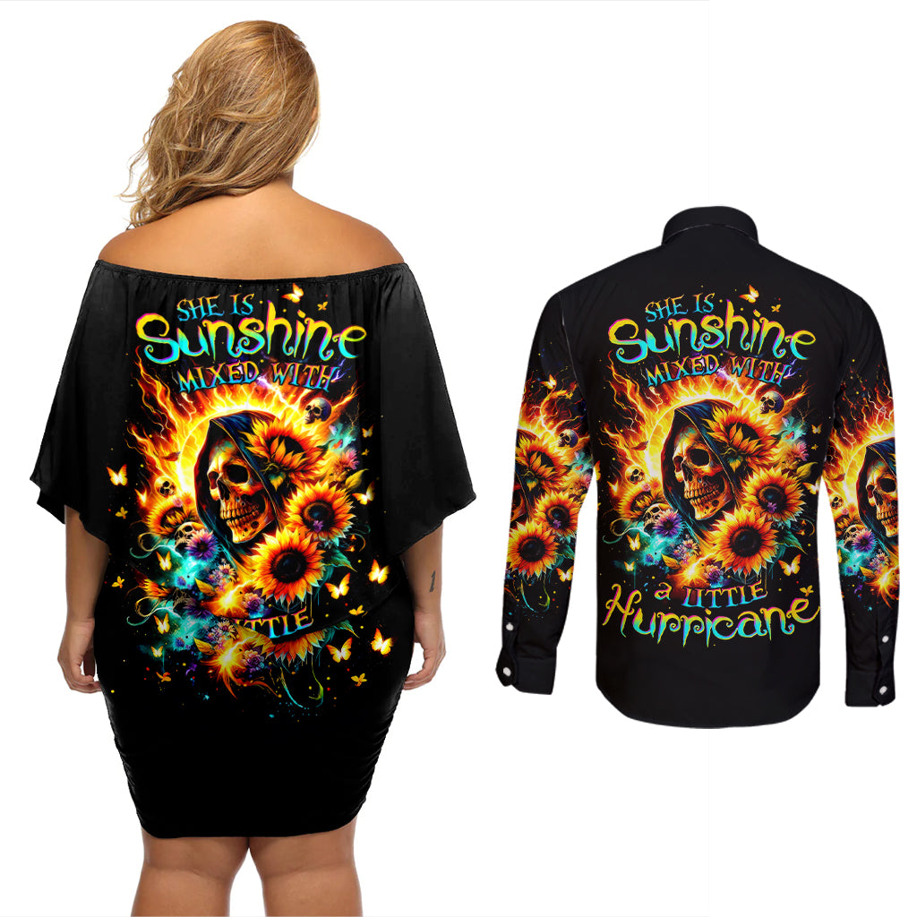 Sunflower Skull Couples Matching Off Shoulder Short Dress and Long Sleeve Button Shirt She Is Sunshine Mixed With A Little Hurricane - Wonder Print Shop