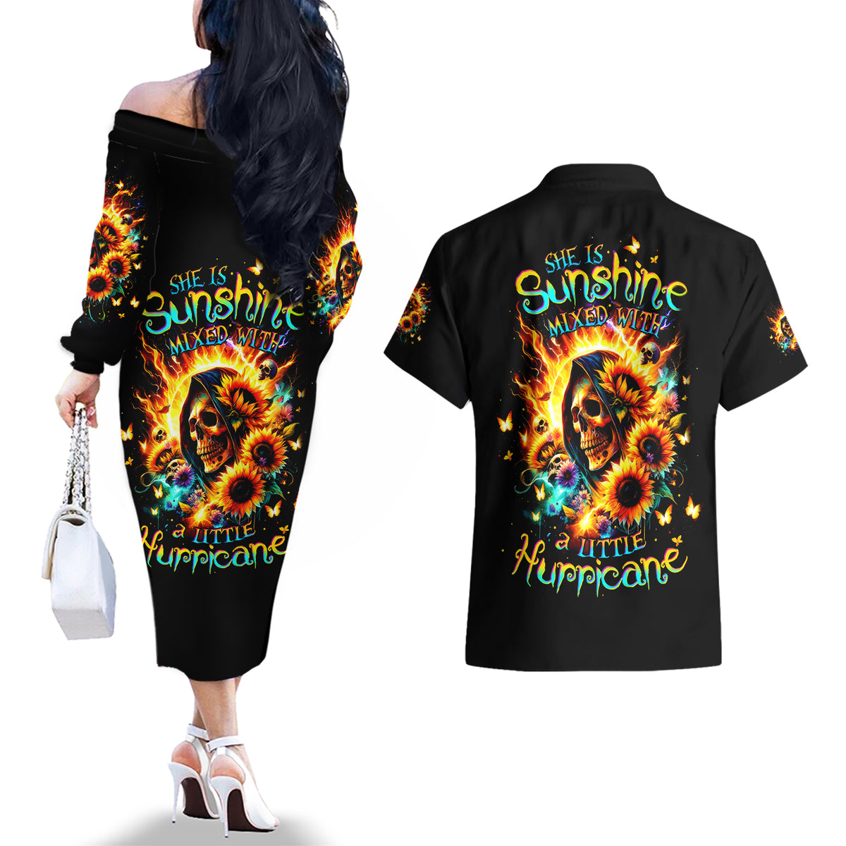 Sunflower Skull Couples Matching Off The Shoulder Long Sleeve Dress and Hawaiian Shirt She Is Sunshine Mixed With A Little Hurricane - Wonder Print Shop