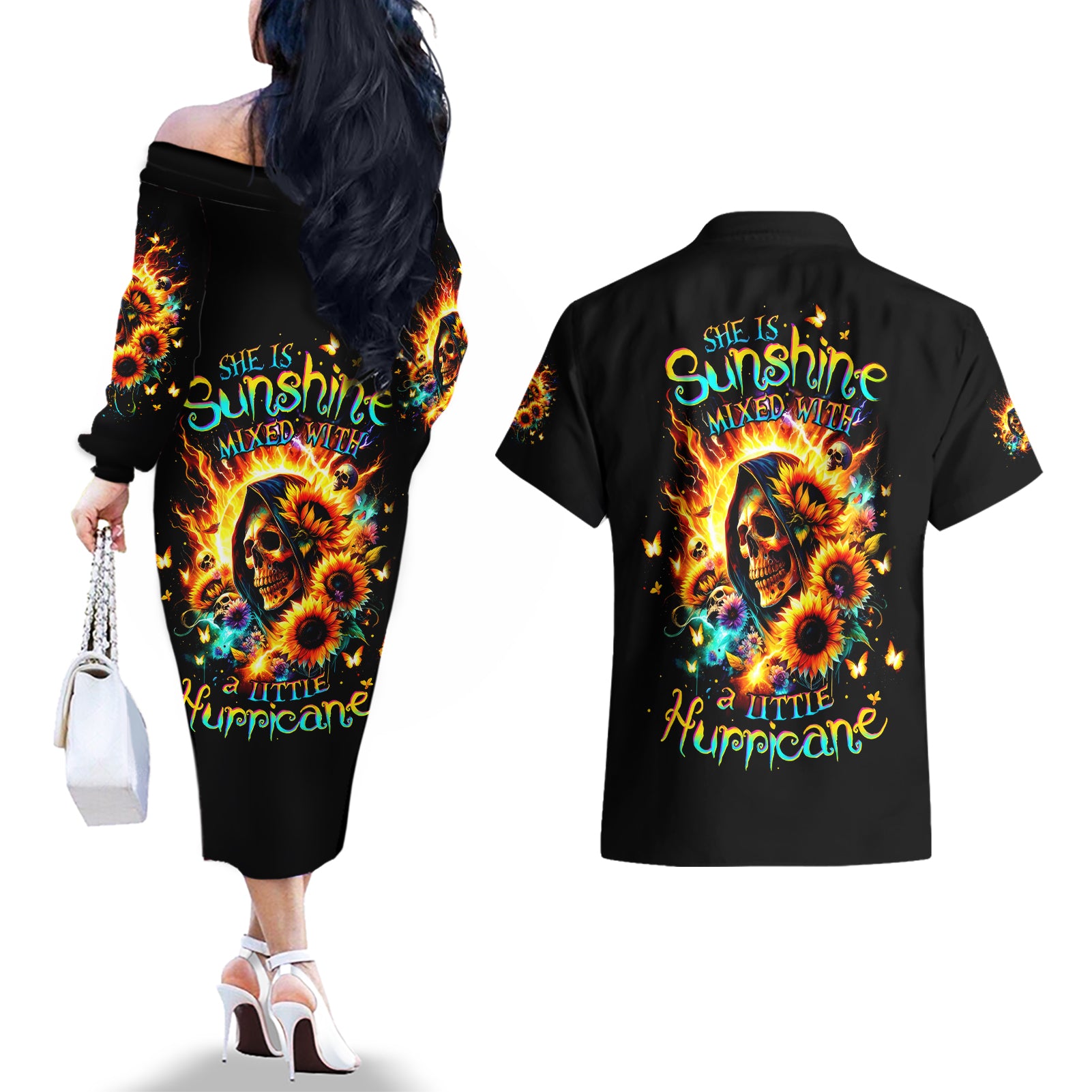 Sunflower Skull Couples Matching Off The Shoulder Long Sleeve Dress and Hawaiian Shirt She Is Sunshine Mixed With A Little Hurricane - Wonder Print Shop