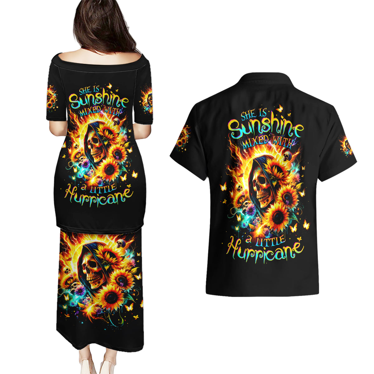 Sunflower Skull Couples Matching Puletasi and Hawaiian Shirt She Is Sunshine Mixed With A Little Hurricane - Wonder Print Shop