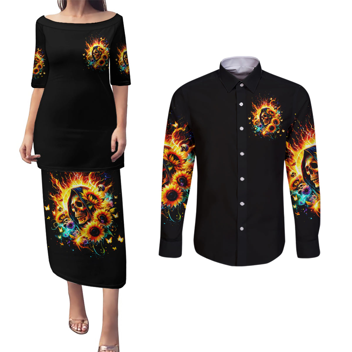 Sunflower Skull Couples Matching Puletasi and Long Sleeve Button Shirt She Is Sunshine Mixed With A Little Hurricane - Wonder Print Shop