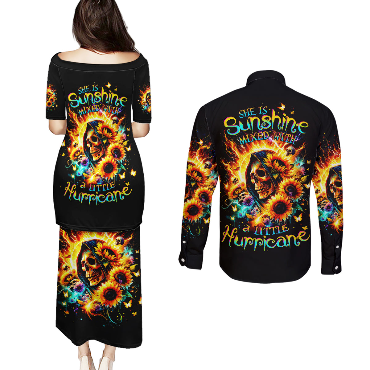 Sunflower Skull Couples Matching Puletasi and Long Sleeve Button Shirt She Is Sunshine Mixed With A Little Hurricane - Wonder Print Shop