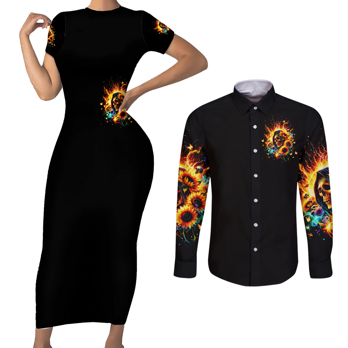 Sunflower Skull Couples Matching Short Sleeve Bodycon Dress and Long Sleeve Button Shirt She Is Sunshine Mixed With A Little Hurricane - Wonder Print Shop