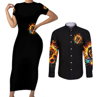 Sunflower Skull Couples Matching Short Sleeve Bodycon Dress and Long Sleeve Button Shirt She Is Sunshine Mixed With A Little Hurricane - Wonder Print Shop