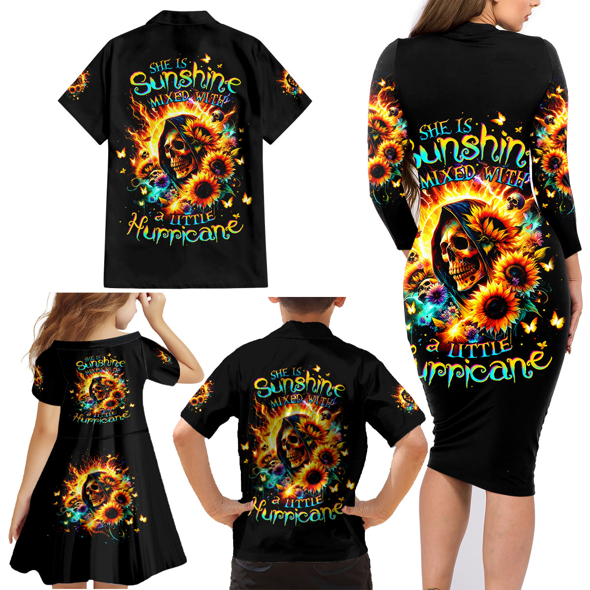 Sunflower Skull Family Matching Long Sleeve Bodycon Dress and Hawaiian Shirt She Is Sunshine Mixed With A Little Hurricane - Wonder Print Shop