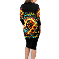 Sunflower Skull Family Matching Long Sleeve Bodycon Dress and Hawaiian Shirt She Is Sunshine Mixed With A Little Hurricane - Wonder Print Shop