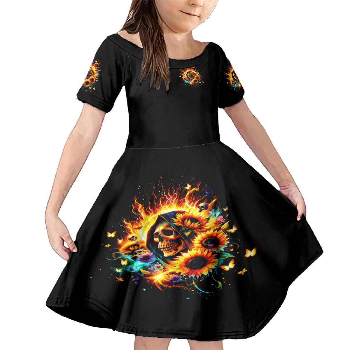 Sunflower Skull Family Matching Mermaid Dress and Hawaiian Shirt She Is Sunshine Mixed With A Little Hurricane - Wonder Print Shop