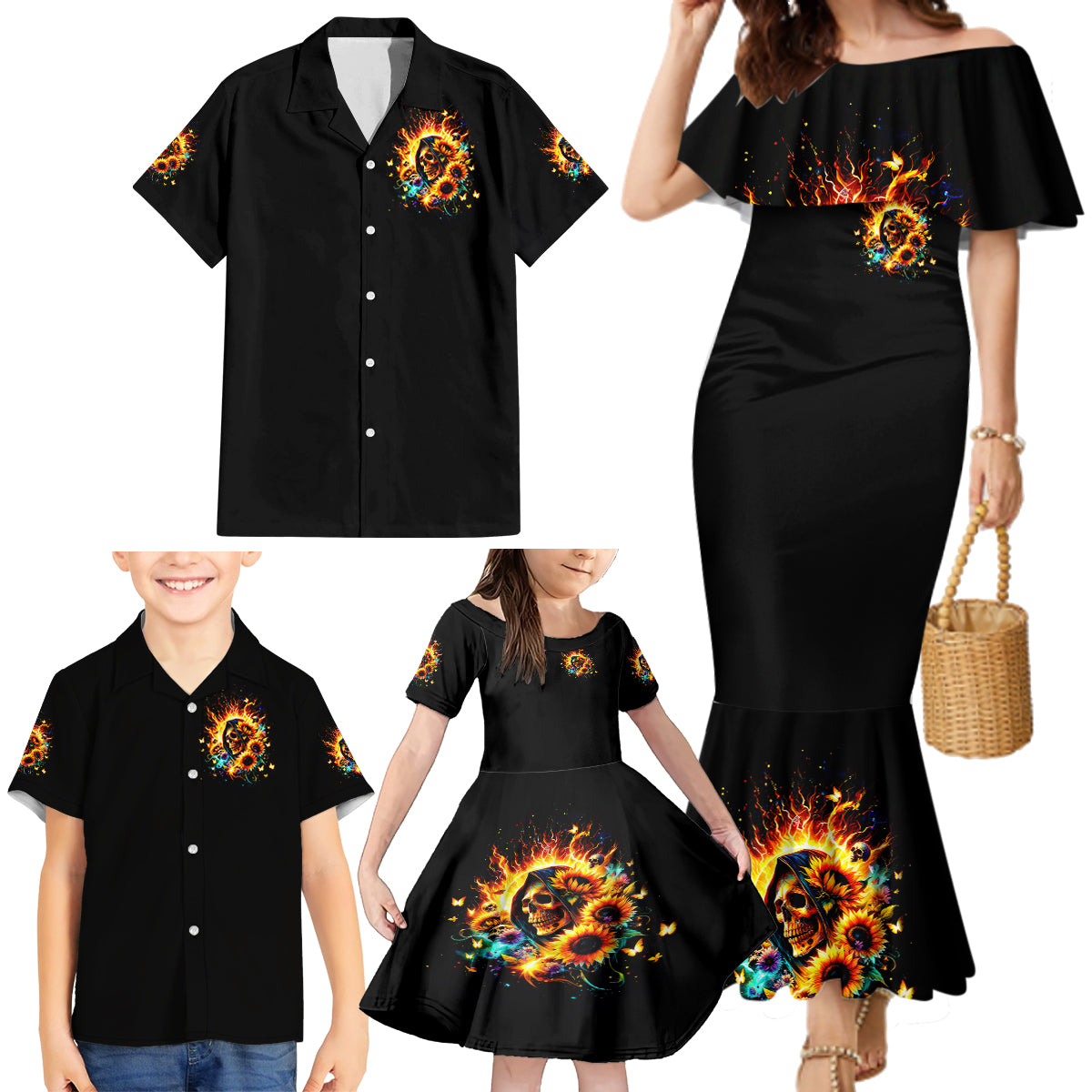 Sunflower Skull Family Matching Mermaid Dress and Hawaiian Shirt She Is Sunshine Mixed With A Little Hurricane - Wonder Print Shop