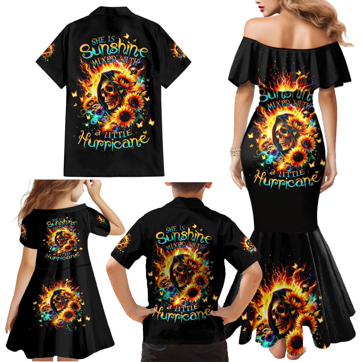 Sunflower Skull Family Matching Mermaid Dress and Hawaiian Shirt She Is Sunshine Mixed With A Little Hurricane - Wonder Print Shop