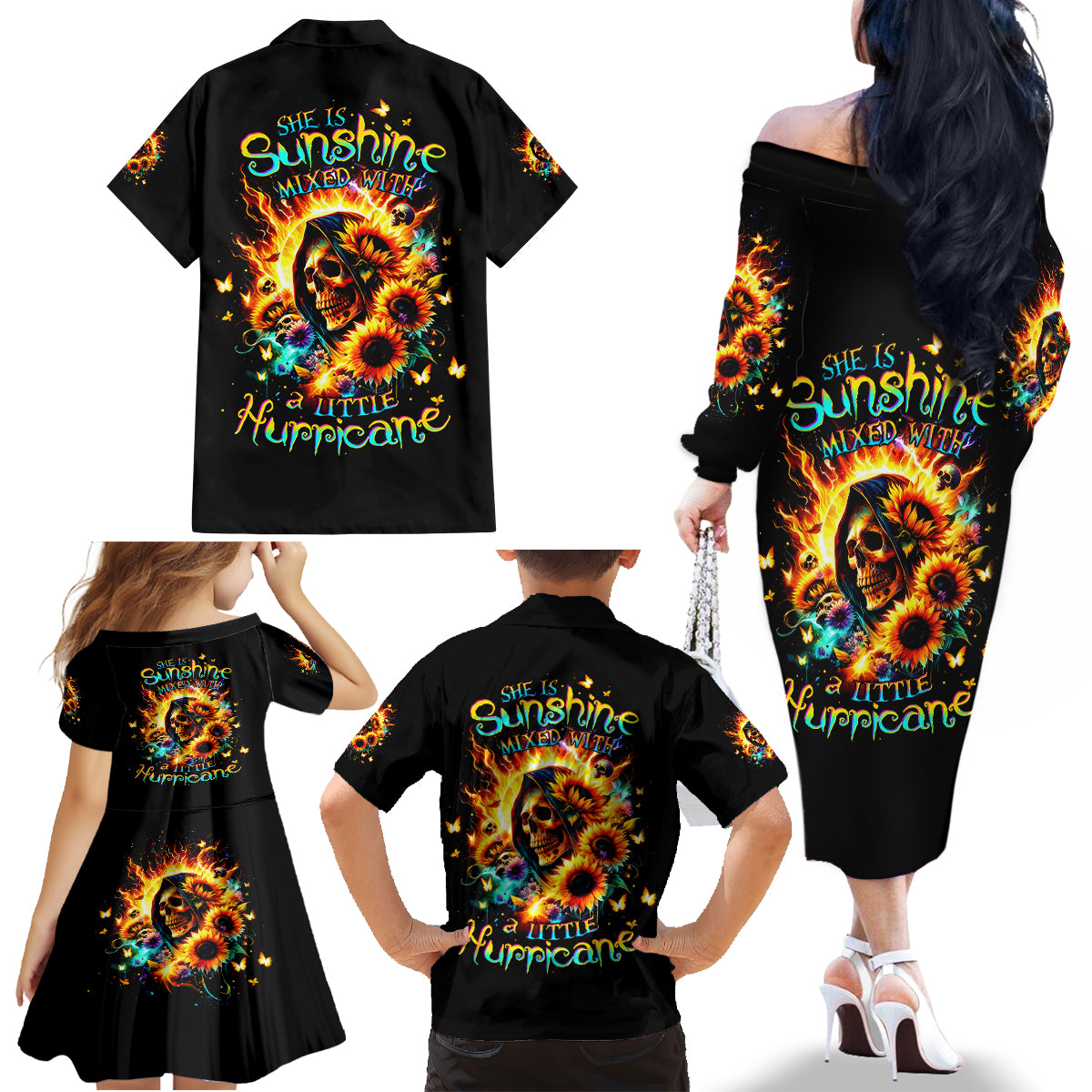 Sunflower Skull Family Matching Off Shoulder Long Sleeve Dress and Hawaiian Shirt She Is Sunshine Mixed With A Little Hurricane - Wonder Print Shop