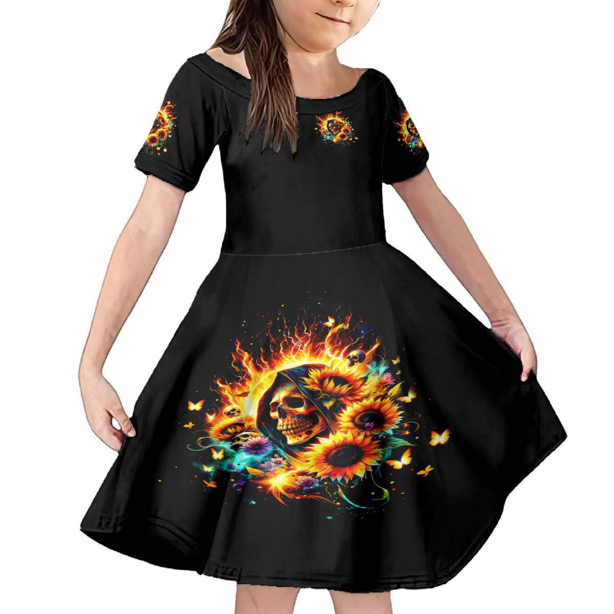 Sunflower Skull Family Matching Off Shoulder Maxi Dress and Hawaiian Shirt She Is Sunshine Mixed With A Little Hurricane - Wonder Print Shop