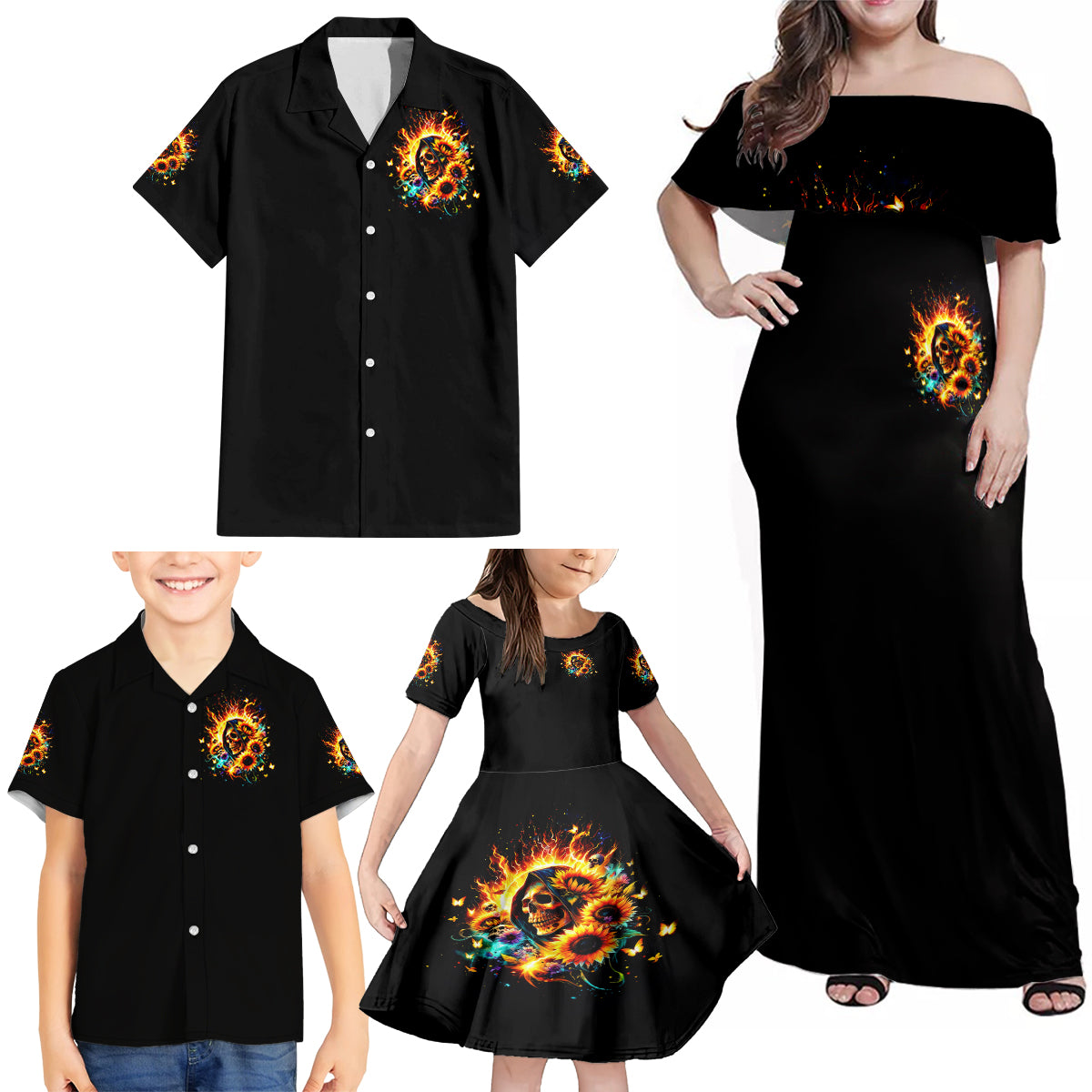 Sunflower Skull Family Matching Off Shoulder Maxi Dress and Hawaiian Shirt She Is Sunshine Mixed With A Little Hurricane - Wonder Print Shop