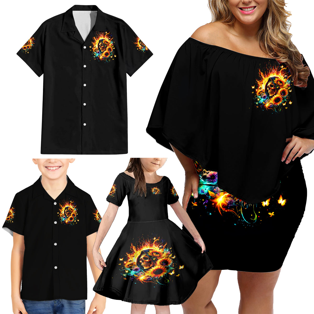 Sunflower Skull Family Matching Off Shoulder Short Dress and Hawaiian Shirt She Is Sunshine Mixed With A Little Hurricane - Wonder Print Shop