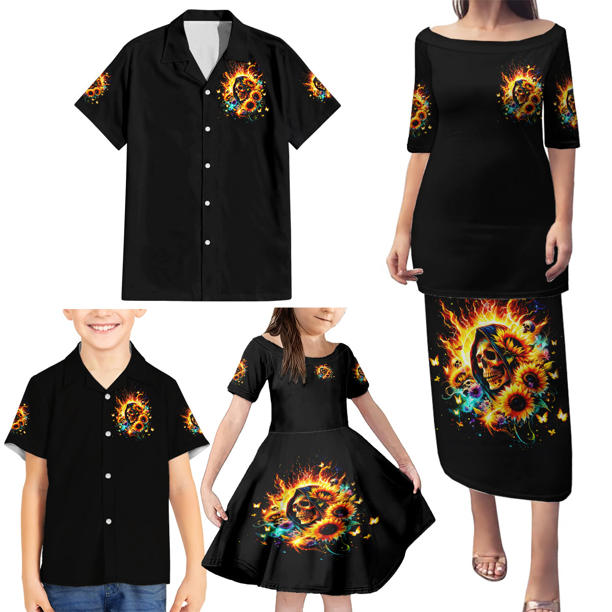 Sunflower Skull Family Matching Puletasi and Hawaiian Shirt She Is Sunshine Mixed With A Little Hurricane - Wonder Print Shop