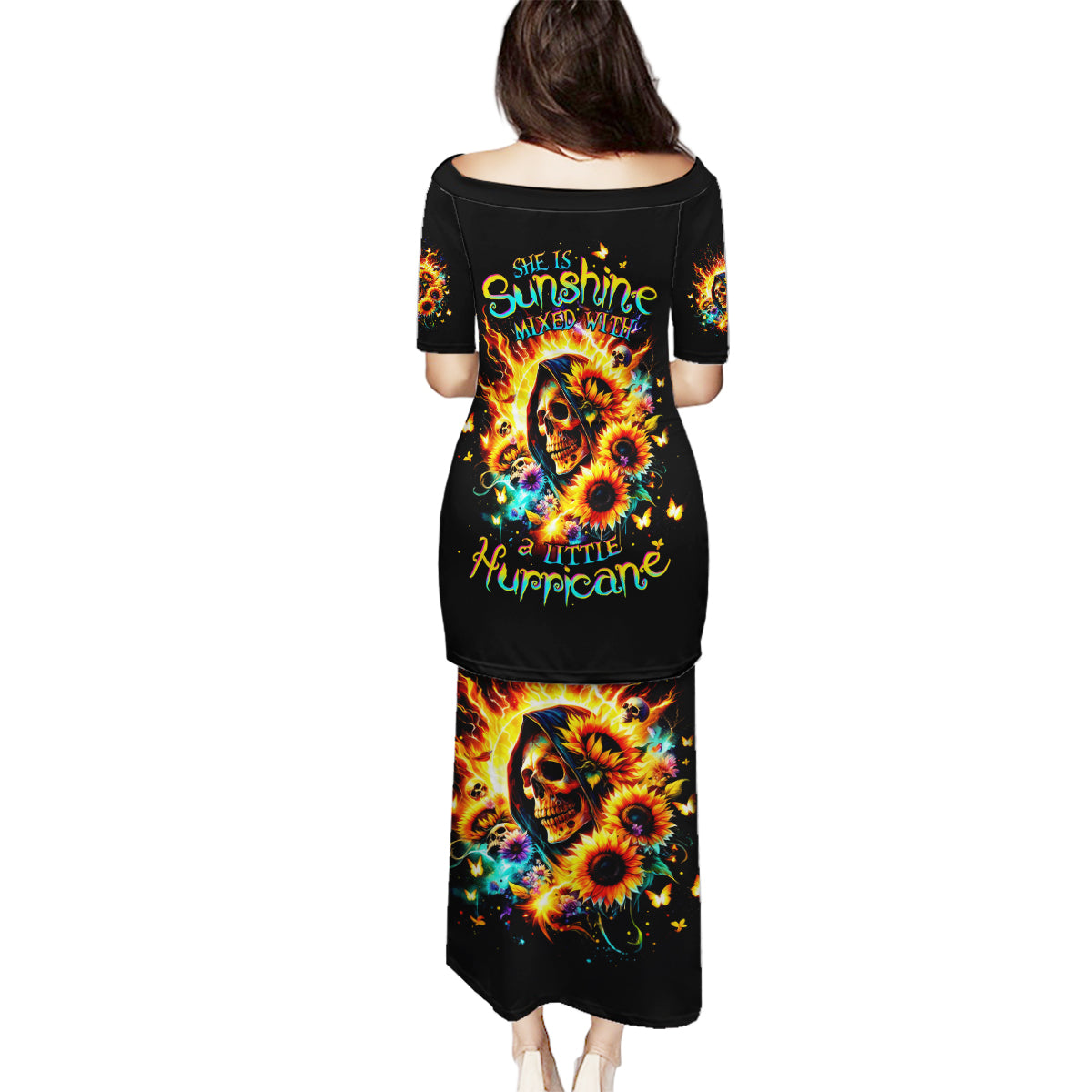 Sunflower Skull Family Matching Puletasi and Hawaiian Shirt She Is Sunshine Mixed With A Little Hurricane - Wonder Print Shop