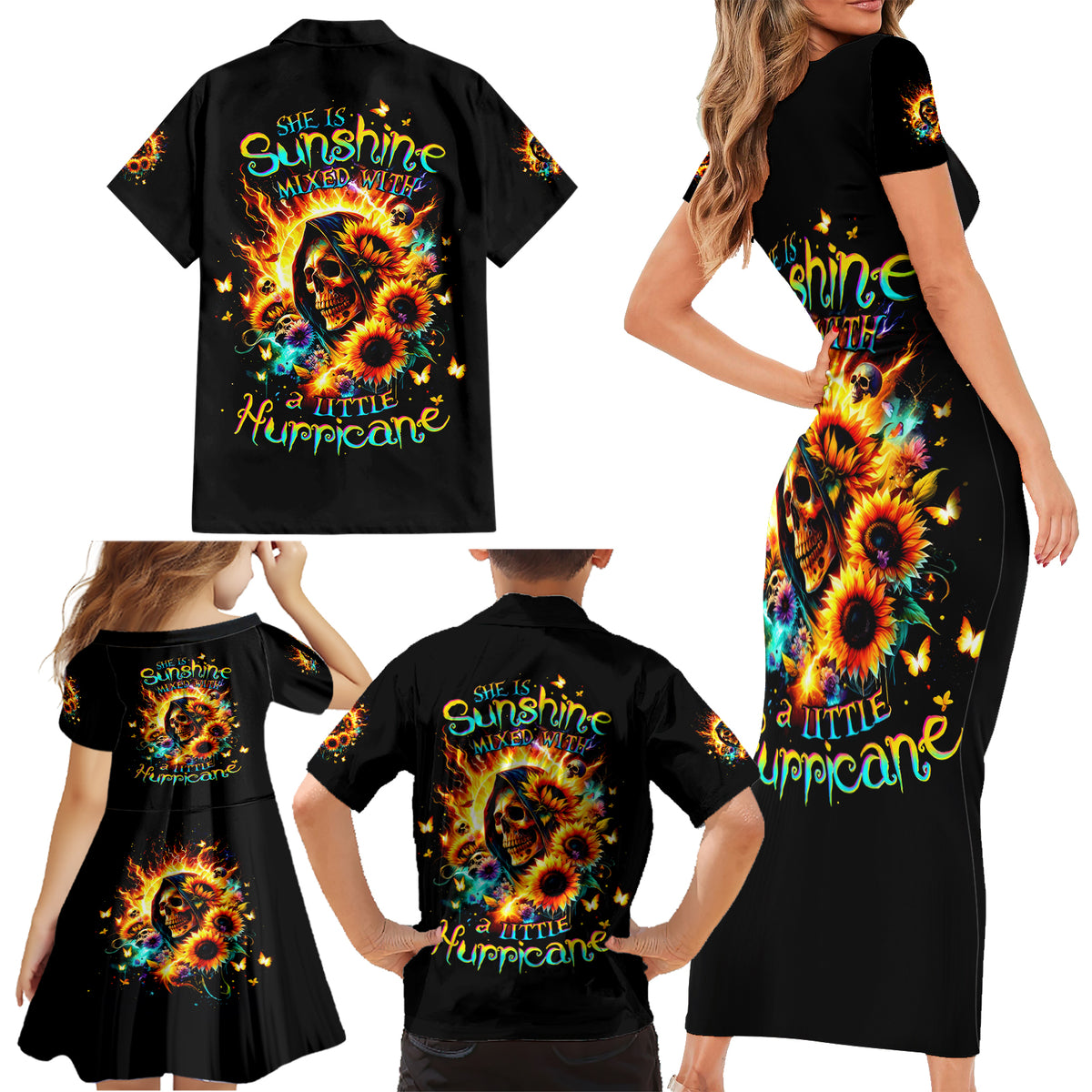 Sunflower Skull Family Matching Short Sleeve Bodycon Dress and Hawaiian Shirt She Is Sunshine Mixed With A Little Hurricane - Wonder Print Shop
