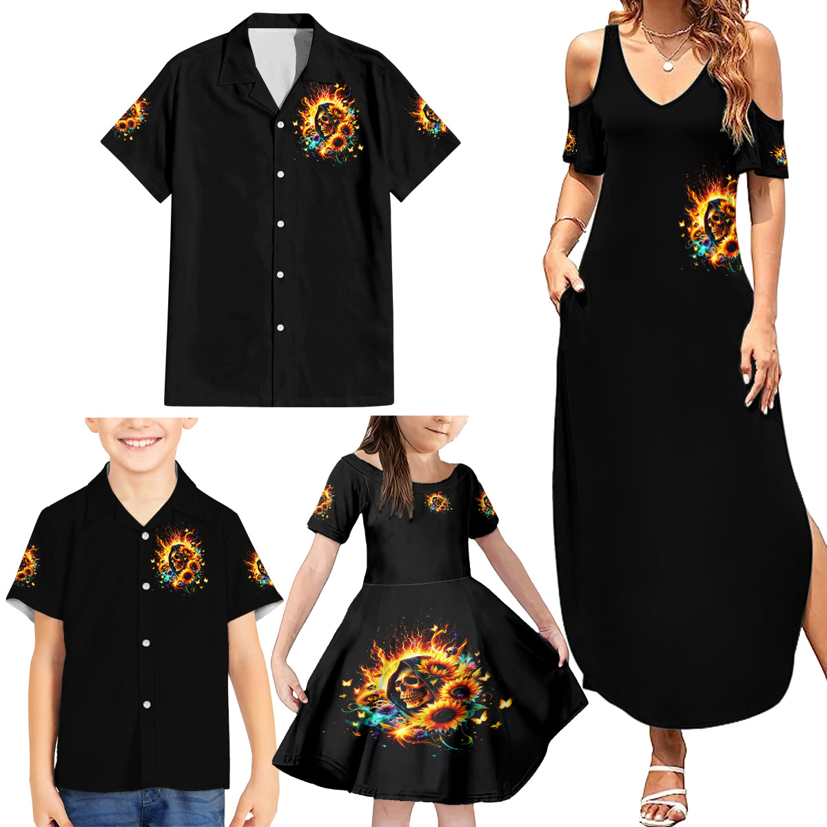 Sunflower Skull Family Matching Summer Maxi Dress and Hawaiian Shirt She Is Sunshine Mixed With A Little Hurricane - Wonder Print Shop