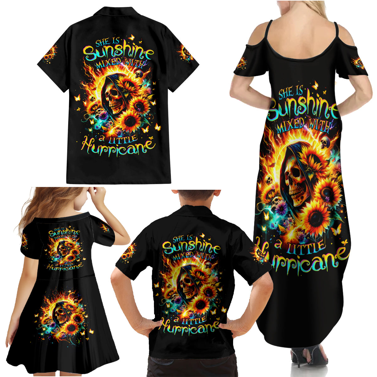 Sunflower Skull Family Matching Summer Maxi Dress and Hawaiian Shirt She Is Sunshine Mixed With A Little Hurricane - Wonder Print Shop