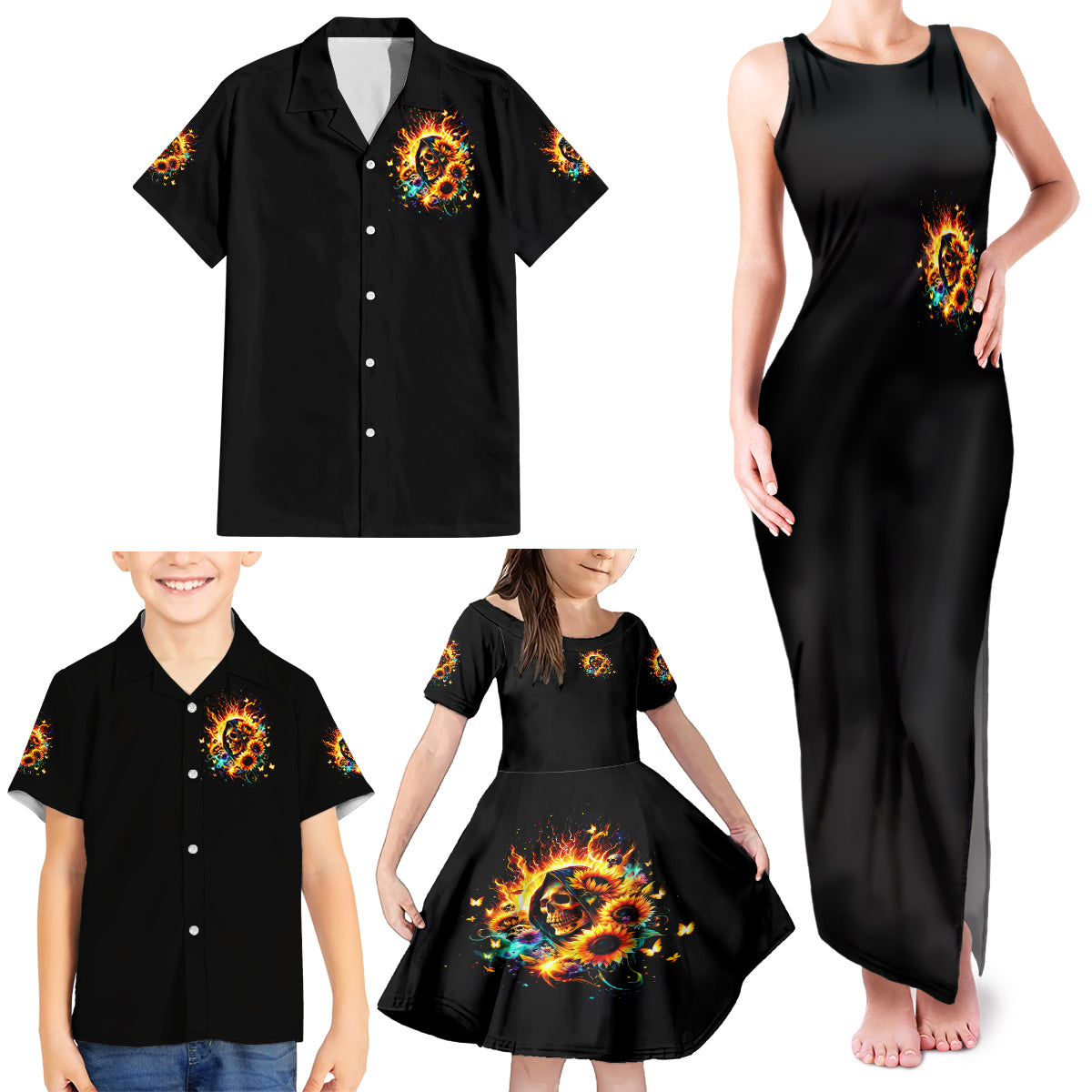 Sunflower Skull Family Matching Tank Maxi Dress and Hawaiian Shirt She Is Sunshine Mixed With A Little Hurricane - Wonder Print Shop