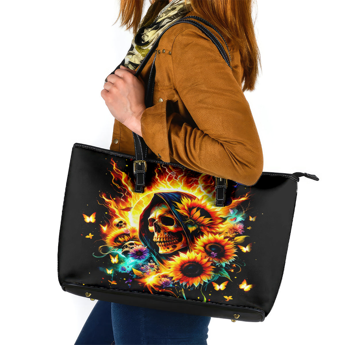 Sunflower Skull Leather Tote Bag She Is Sunshine Mixed With A Little Hurricane - Wonder Print Shop