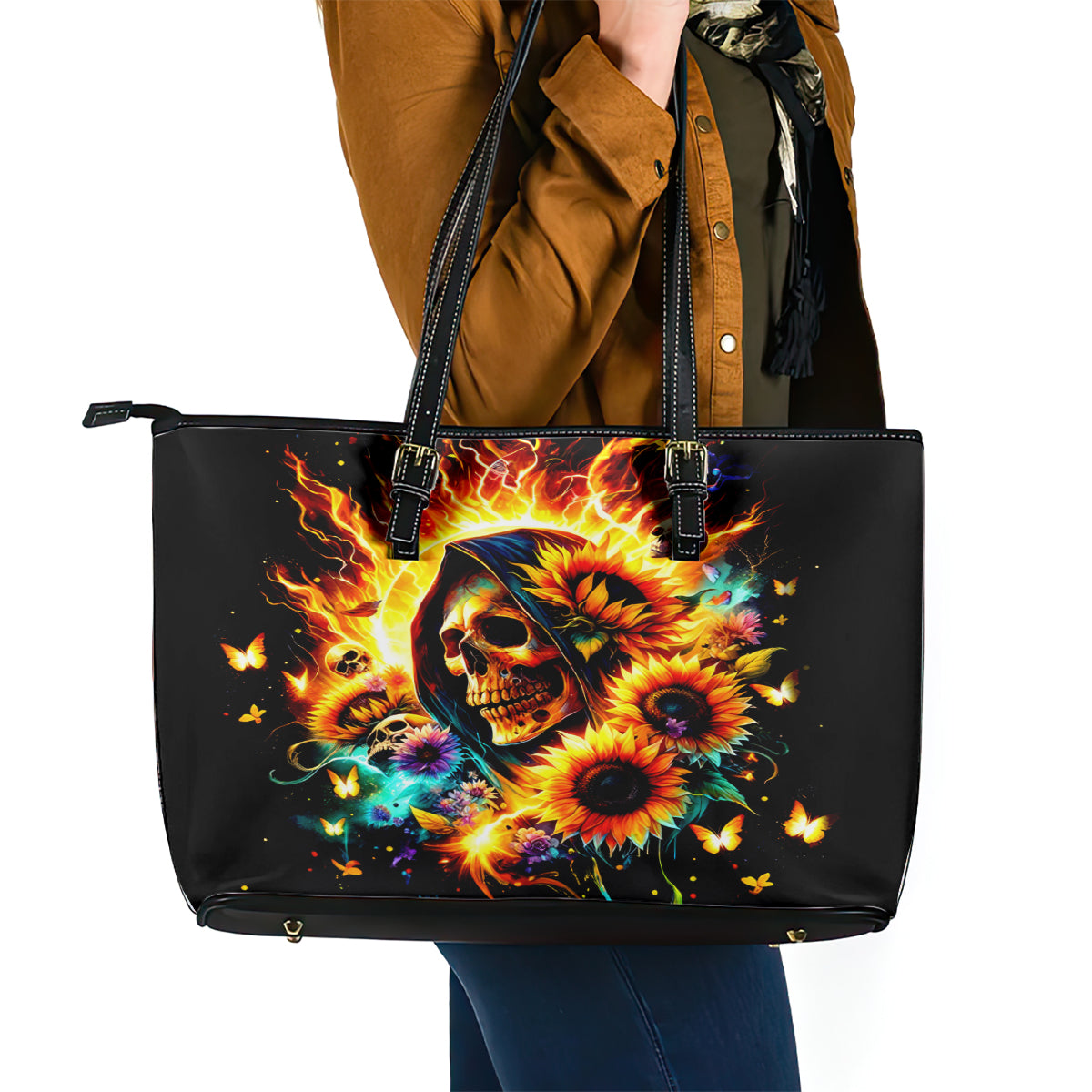 Sunflower Skull Leather Tote Bag She Is Sunshine Mixed With A Little Hurricane - Wonder Print Shop