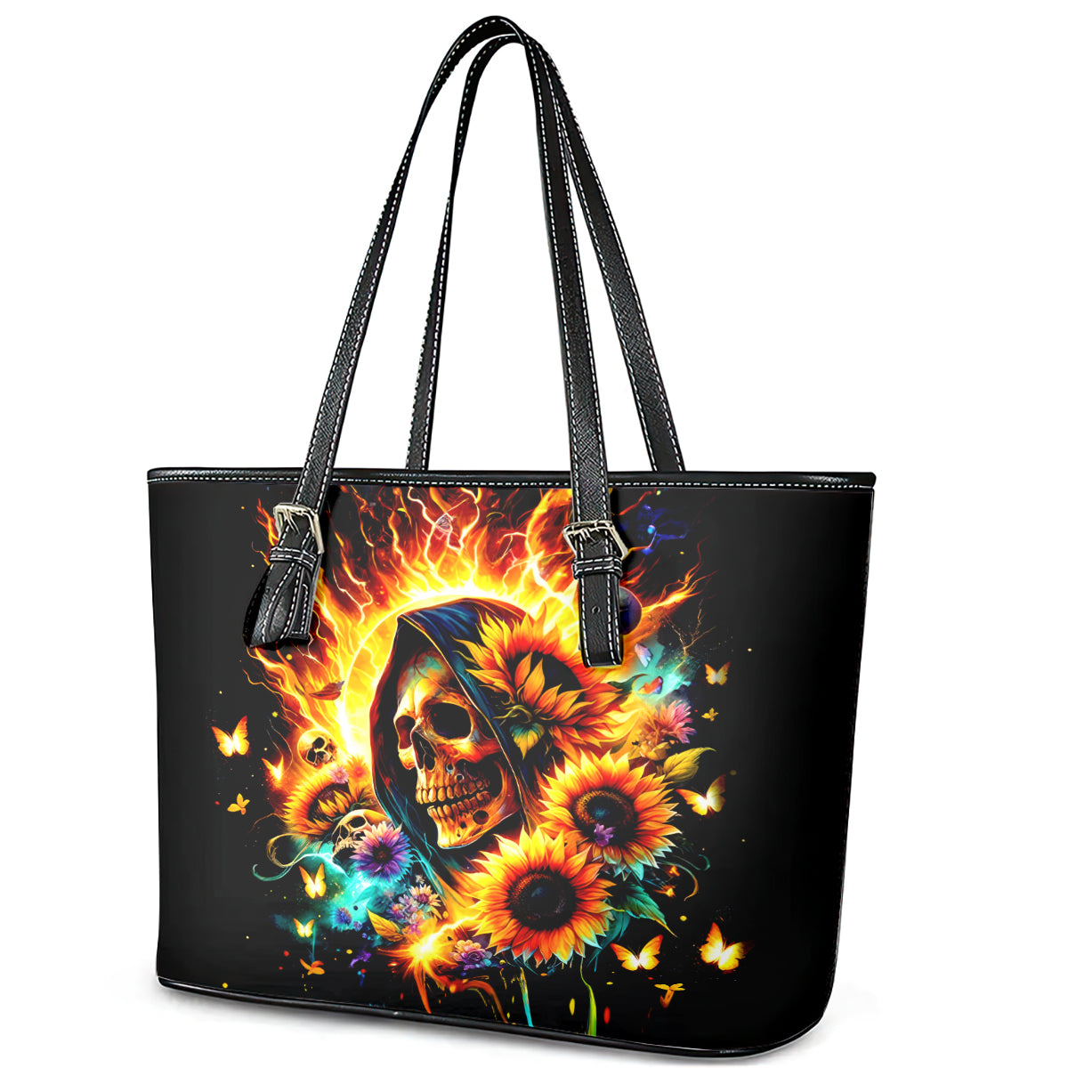 Sunflower Skull Leather Tote Bag She Is Sunshine Mixed With A Little Hurricane - Wonder Print Shop