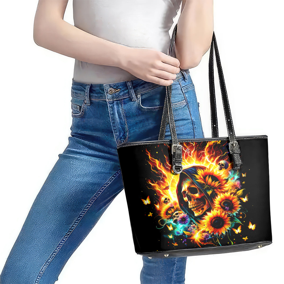 Sunflower Skull Leather Tote Bag She Is Sunshine Mixed With A Little Hurricane - Wonder Print Shop