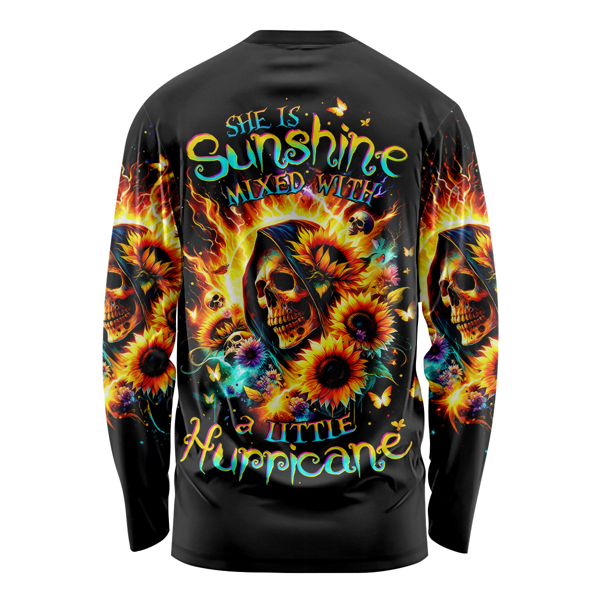 Sunflower Skull Long Sleeve Shirt She Is Sunshine Mixed With A Little Hurricane - Wonder Print Shop