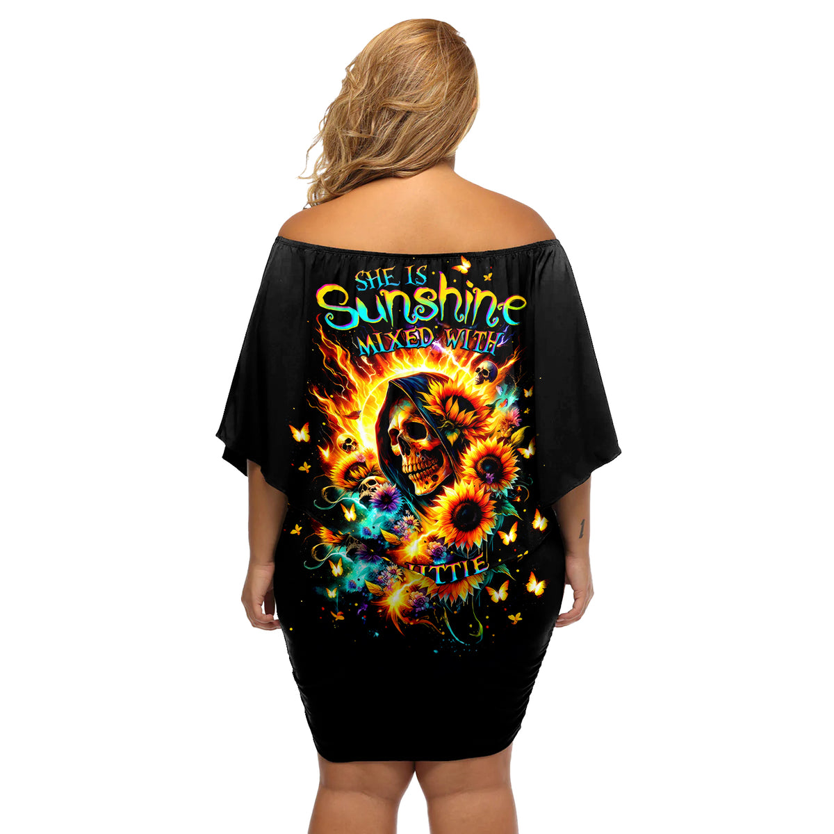 Sunflower Skull Off Shoulder Short Dress She Is Sunshine Mixed With A Little Hurricane - Wonder Print Shop