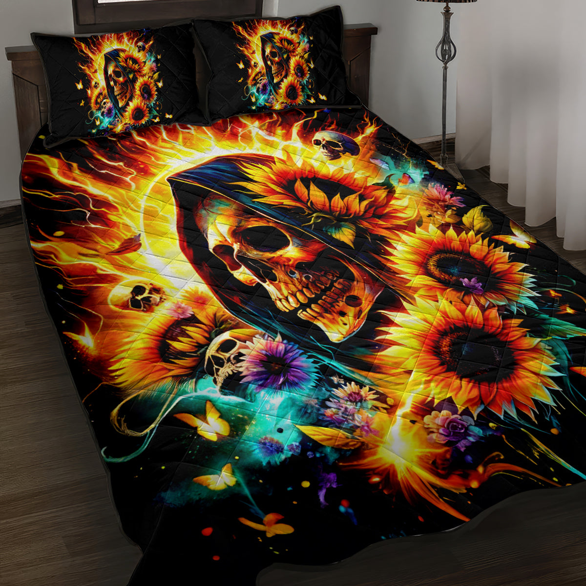 Sunflower Skull Quilt Bed Set She Is Sunshine Mixed With A Little Hurricane - Wonder Print Shop