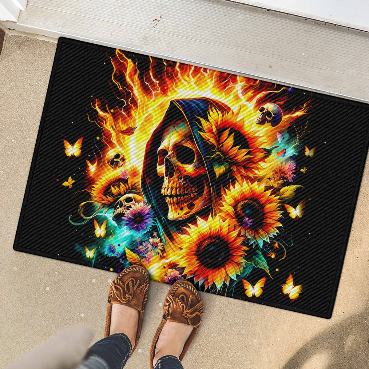 Sunflower Skull Rubber Doormat She Is Sunshine Mixed With A Little Hurricane - Wonder Print Shop