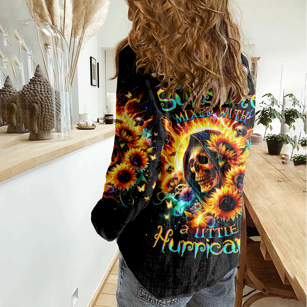 Sunflower Skull Women Casual Shirt She Is Sunshine Mixed With A Little Hurricane - Wonder Print Shop